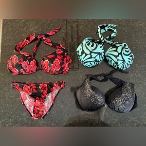 VENUS Floral Bikini Set, Turquoise Patterned Top and Black Rhinestone Top